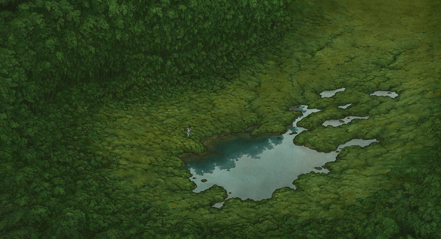 Image Description: A frame from the animated film The Red Turtle depicting a body of water surrounded by lush green forest.