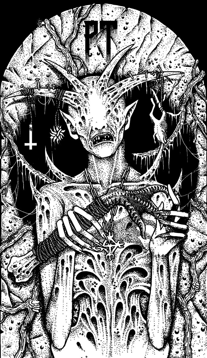 Image Description: A black-and-white stippled drawing of a cobwebbed ghoul holding the leg bone of a web-footed being. The ghoul has four horns on their head decorated with nails, an upside down cross and a frog.
