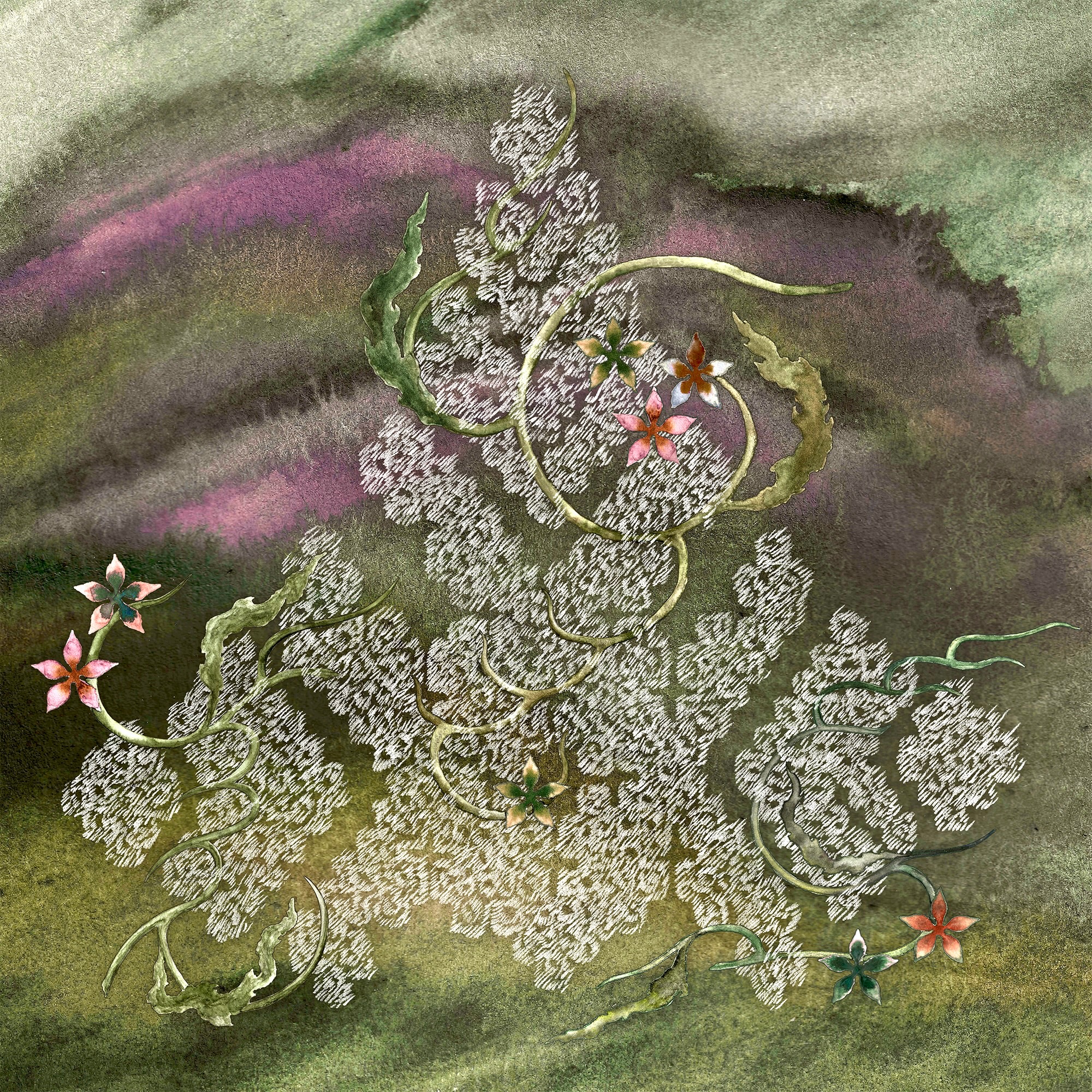 Image Description: The album cover of the mixtape features an Agusan-Manobo symbol representing community called a tinampuso, traditionally used in embroidery. Between the feathery symbol, delicate vines holding flowers weave in and out of the form.